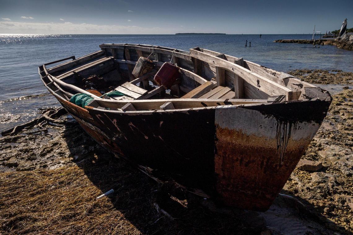 A vessel used by Cuban migrants sits near Harry Harris Park in Tavernier, in the Florida Keys, on Jan. 8, 2023.