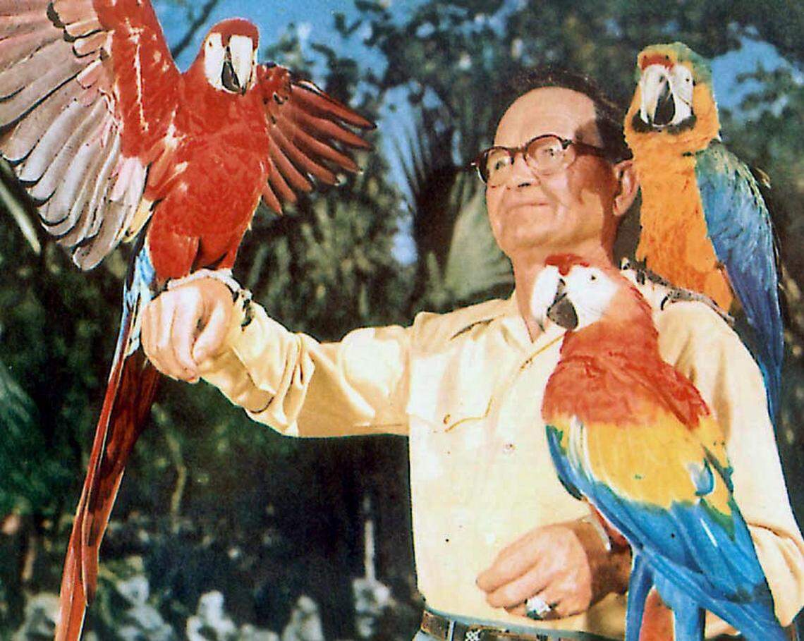 “In 1952, Franz Scherr and his feathered friends had reason to smile. His 16-year-old attraction, Parrot Jungle, was in the midst of a postwar boom, attracting nearly 100,000 guests,” read Miami’s Parrot Jungle and Gardens, The Colorful History of An Uncommon Attraction by Cory Gittner, University Press of Florida. Scherr founded Parrot Jungle in 1936.