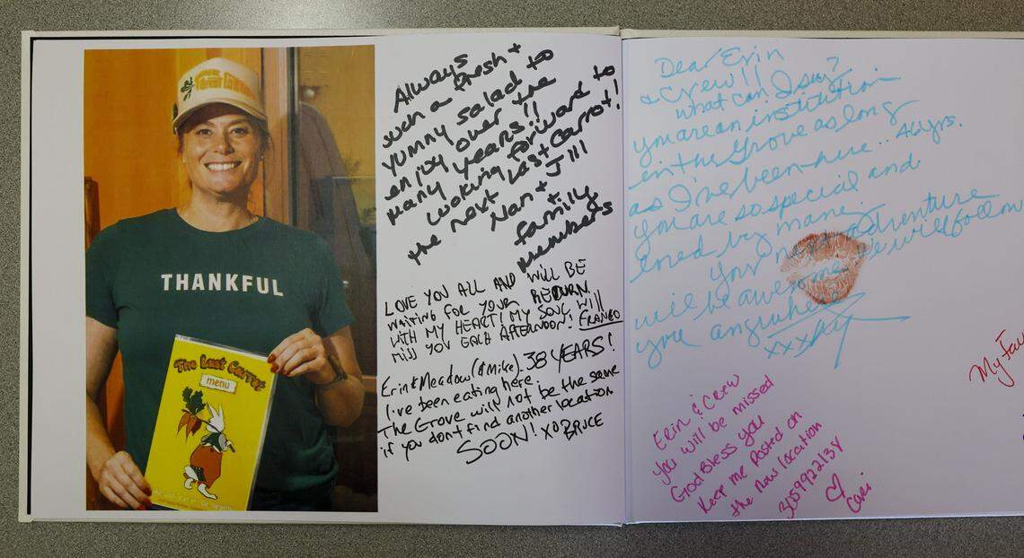 A photograph of Erin Compton, the owner of The Last Carrot, is displayed in a photo book with messages from customers.