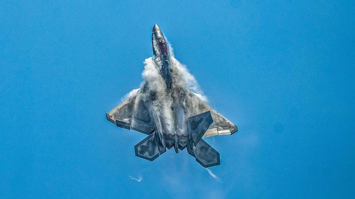 An F-22 Raptor the fastest and most maneuverable fighter jet in the world flies in a demonstration during the 2023 Fort Lauderdale Air Show. on Saturday April 29, 2023.