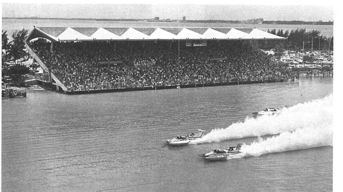 A crowd watches a speedboat regatta at Miami Marine Stadium in 1975.