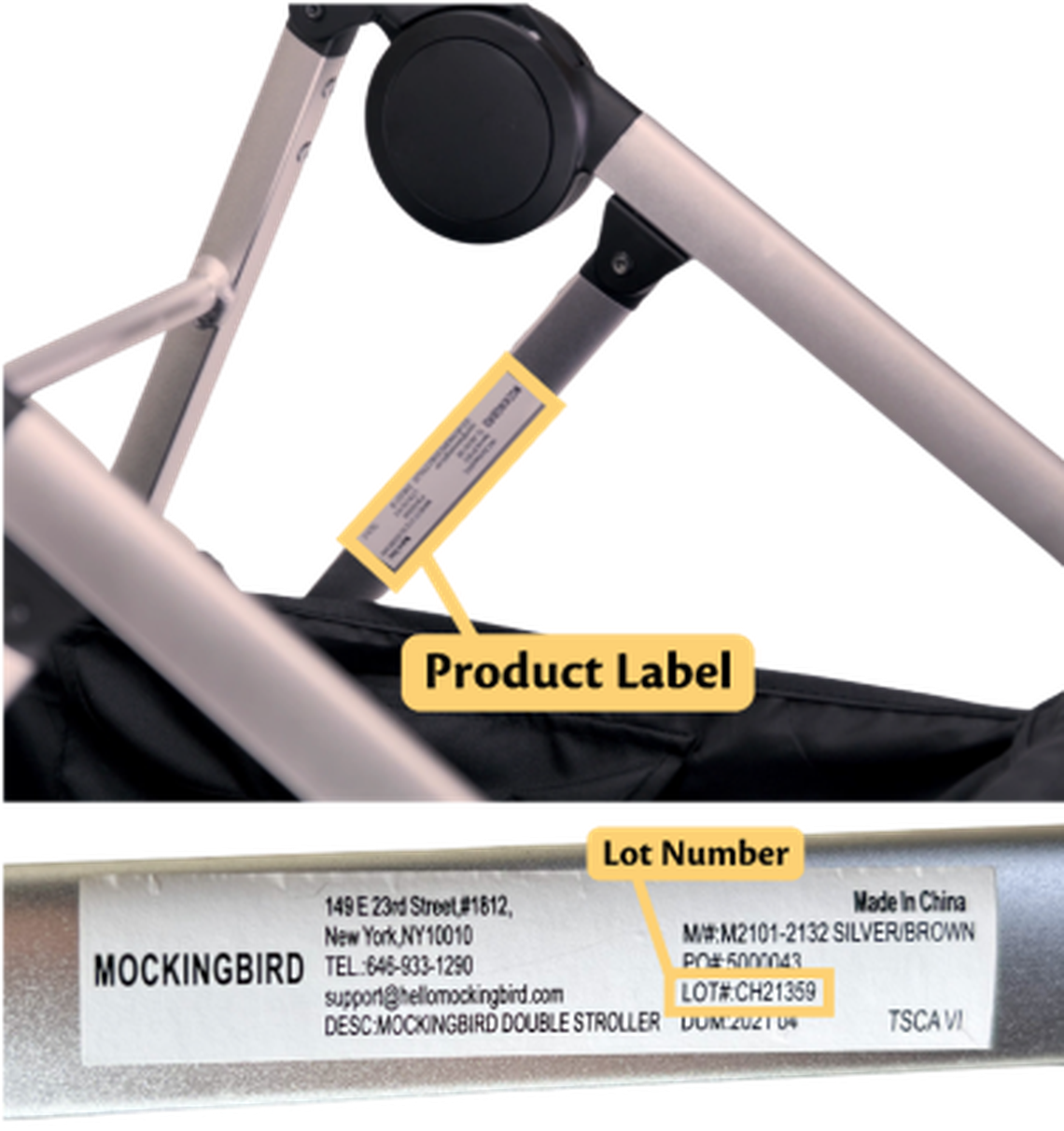 Where to find the lot numbers on the Mockingbird Single-to-Double Strollers