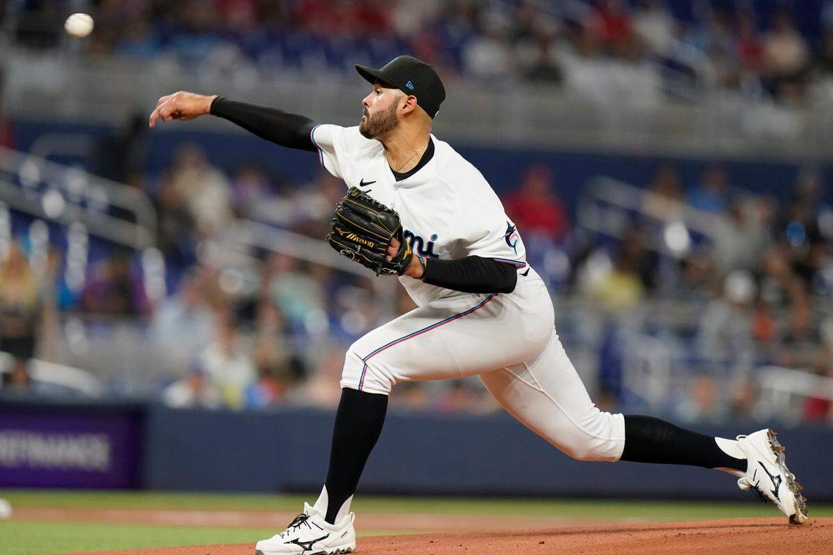 Miami Marlins starting pitcher Pablo Lopez throws during the first inning of a baseball game against the St. Louis Cardinals, Thursday, April 21, 2022, in Miami.