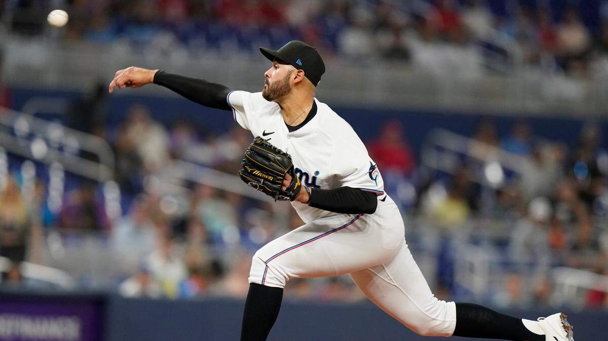 Miami Marlins starting pitcher Pablo Lopez throws during the first inning of a baseball game against the St. Louis Cardinals, Thursday, April 21, 2022, in Miami. (AP Photo/Lynne Sladky)