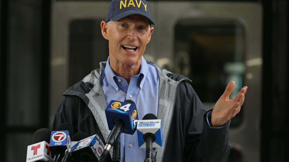 Sen. Rick Scott, R-Fla., gestures as he speaks to members of the media at the National Hurricane Center on Monday, September 2, 2019 in Miami. Sen. Rick Scott gives update on Hurricane Dorian.