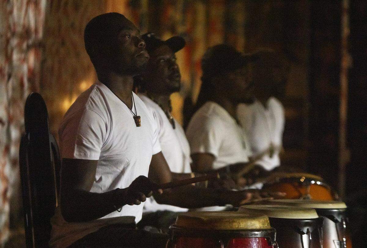 Drummers from the NSL Dance Ensemble perform Vodou Manbo during Fet Gede, the Haitian Day of the Dead celebration that honors ancestors with love, music and community, at The Vegan Marie in Little Haiti on Nov. 8, 2025.