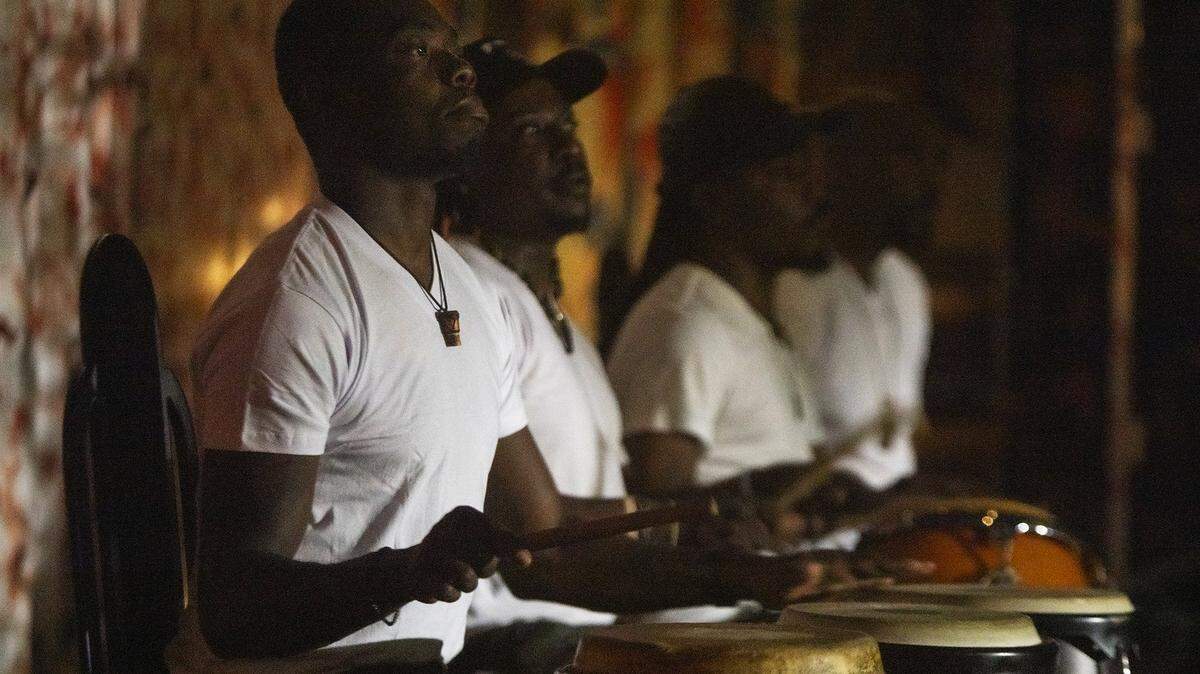 Drummers from the NSL Dance Ensemble perform Vodou Manbo during Fet Gede, the Haitian Day of the Dead celebration that honors ancestors with love, music and community at The Vegan Marie in Little Haiti.