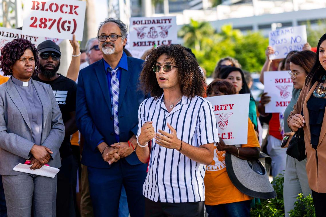 ACLU of Florida statewide organizer Dariel Gomez speaks during a press conference hosted by ACLU Florida, Florida Rising, the Florida Immigrant Coalition and Family Action Network Movement on Tuesday, June 17, 2025, in Miami.