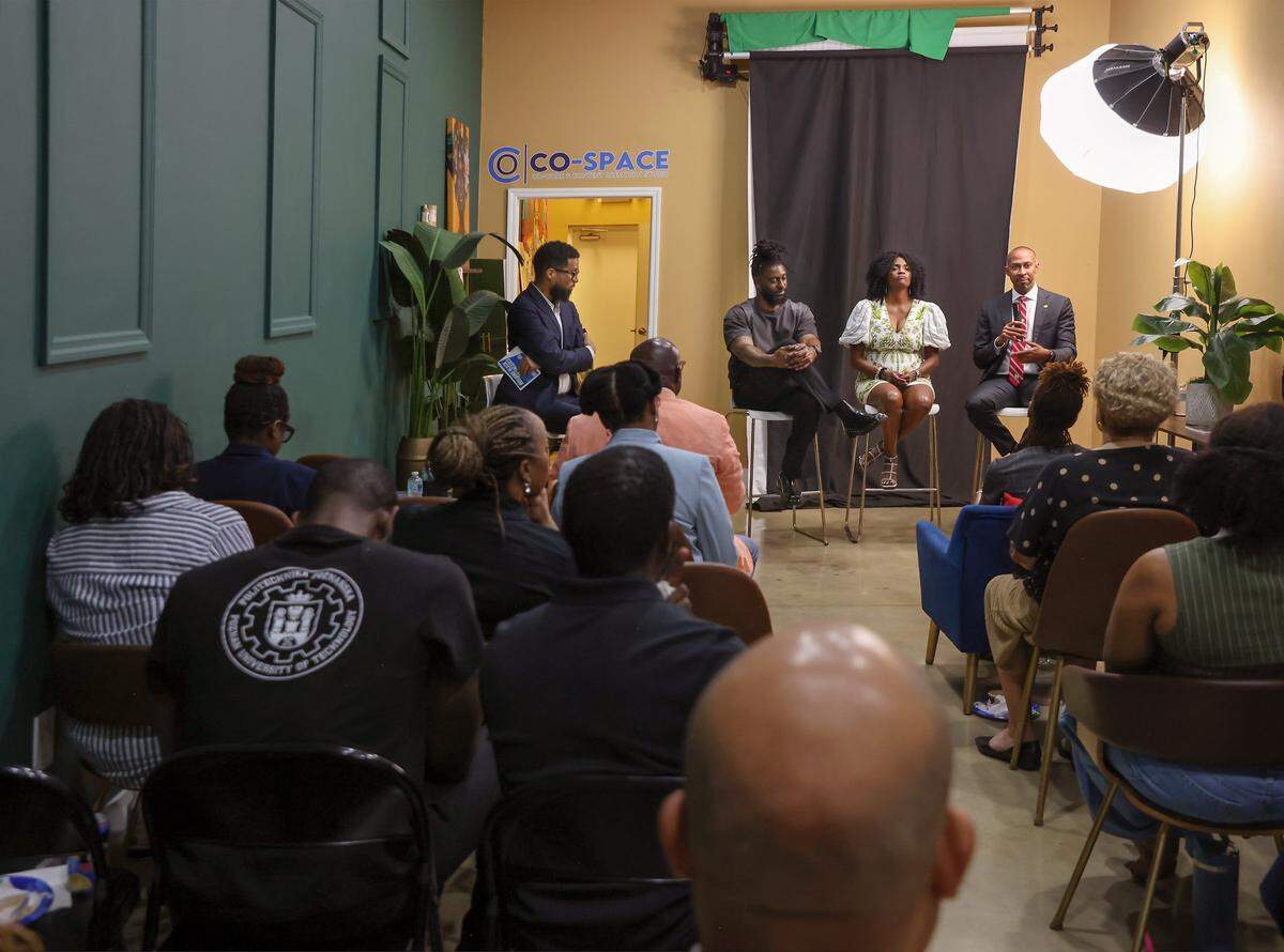 Miami Herald minority business reporter Michael Butler, left, moderates the discussion with Aamir Taylor of Italian Vice, Suzan McDowell of Circle of One Marketing and Matthew Pigatt of the Miami-Dade Chamber of Commerce. The Herald hosted the “Building Black Businesses” event targeting small business owners and aspiring entrepreneurs on Tuesday, Aug. 12, 2025, at Co-Space in Miami Gardens, Florida.