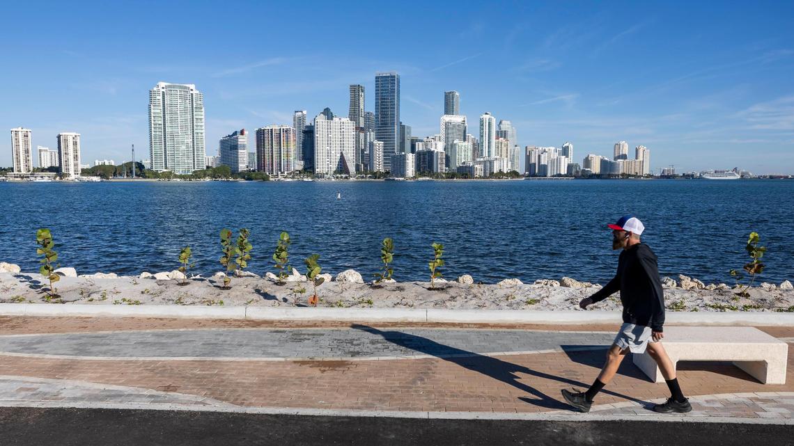 A walker enjoys the new pedestrian path at Hobie Island Beach Park North along the Rickenback Causeway. The $14 million project has finally wrapped up.