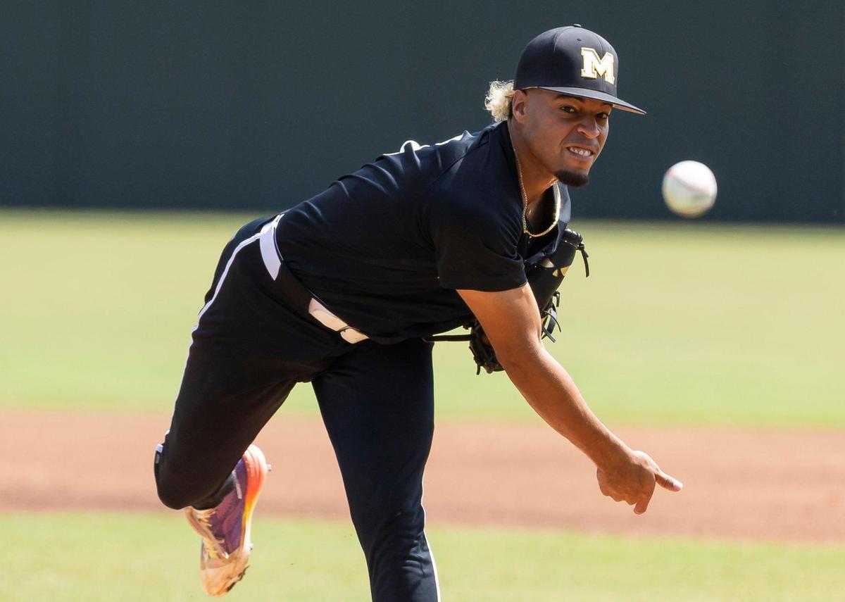 Mater Academy Charter Lions starting pitcher Alfrin Rosario (9) pitches against the Wesley Chapel Wildcats in the first inning of their Class 5A state baseball championship game at Hammond Stadium on Saturday, May 17, 2025, in Fort Myers, Fla.
