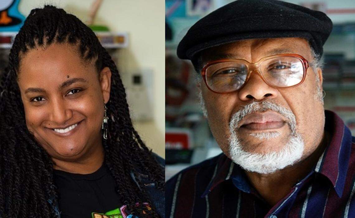 At left, Michele Jessica (“M.J. Fievre”) Logan, coordinator of ReadCaribbean and Miami Book Fair representative. At right, Haitian poet, playwright, and owner of the bookstore Libreri Mapou, Jean-Marie Willer Denis—better known as Jean Mapou, —helped launch the Little Haiti Book Festival in 2014. 