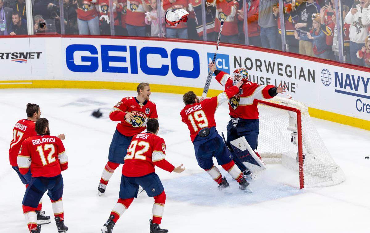 Florida Panthers goaltender Sergei Bobrovsky (72) celebrates with teammates after defeating the Edmonton Oilers 5-1 in Game 6 of the NHL Stanley Cup Final at Amerant Bank Arena on Tuesday, June 17, 2025, in Sunrise, Fla., clinching the Stanley Cup championship.