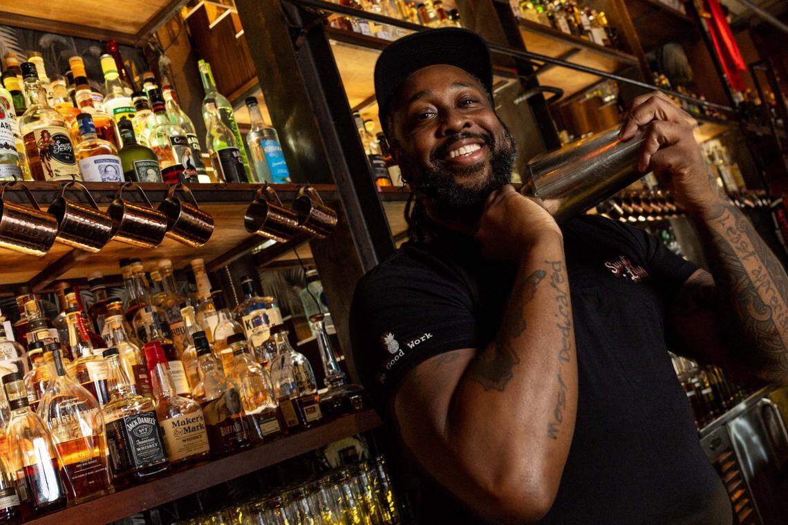 Bat Manager Jay Pink makes a drink at Sweet Liberty on Tuesday, October 8, 2025, in Miami Beach, Fla.
