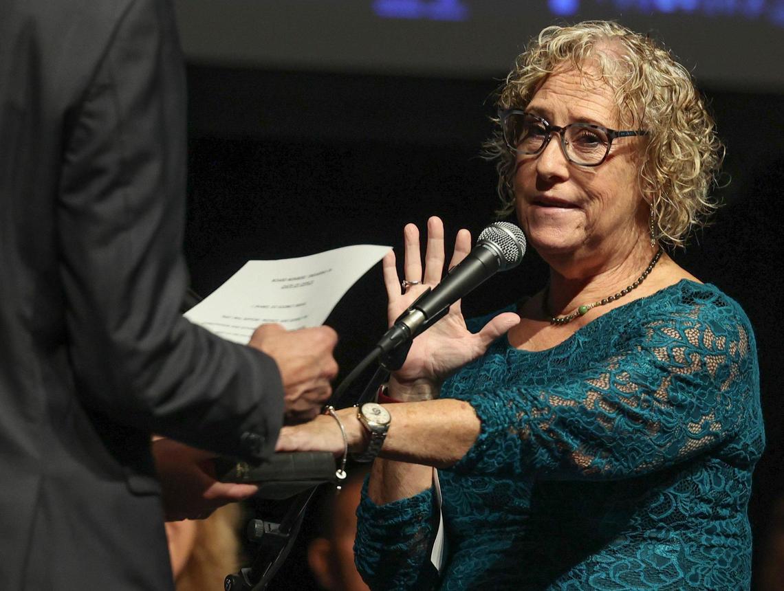 Nora Rupert, right, is sworn into office during a swearing-in ceremony of five newly elected Broward School Board members on Tuesday, Nov. 22, 2022, at Fort Lauderdale High School.