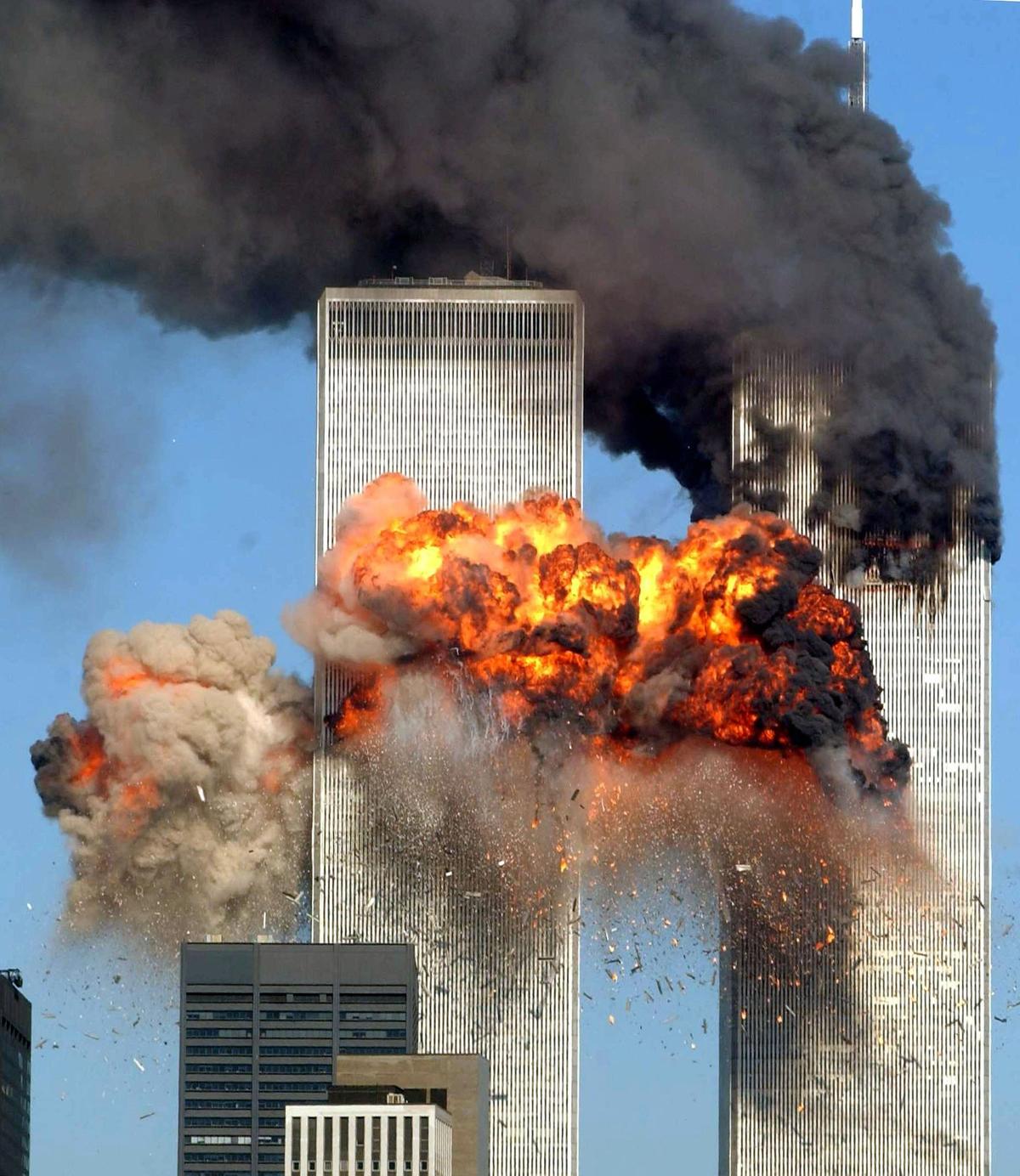 Hijacked United Airlines Flight 175 from Boston crashes into the south tower of the World Trade Center at 9:03 a.m. September 11, 2001, in New York City.