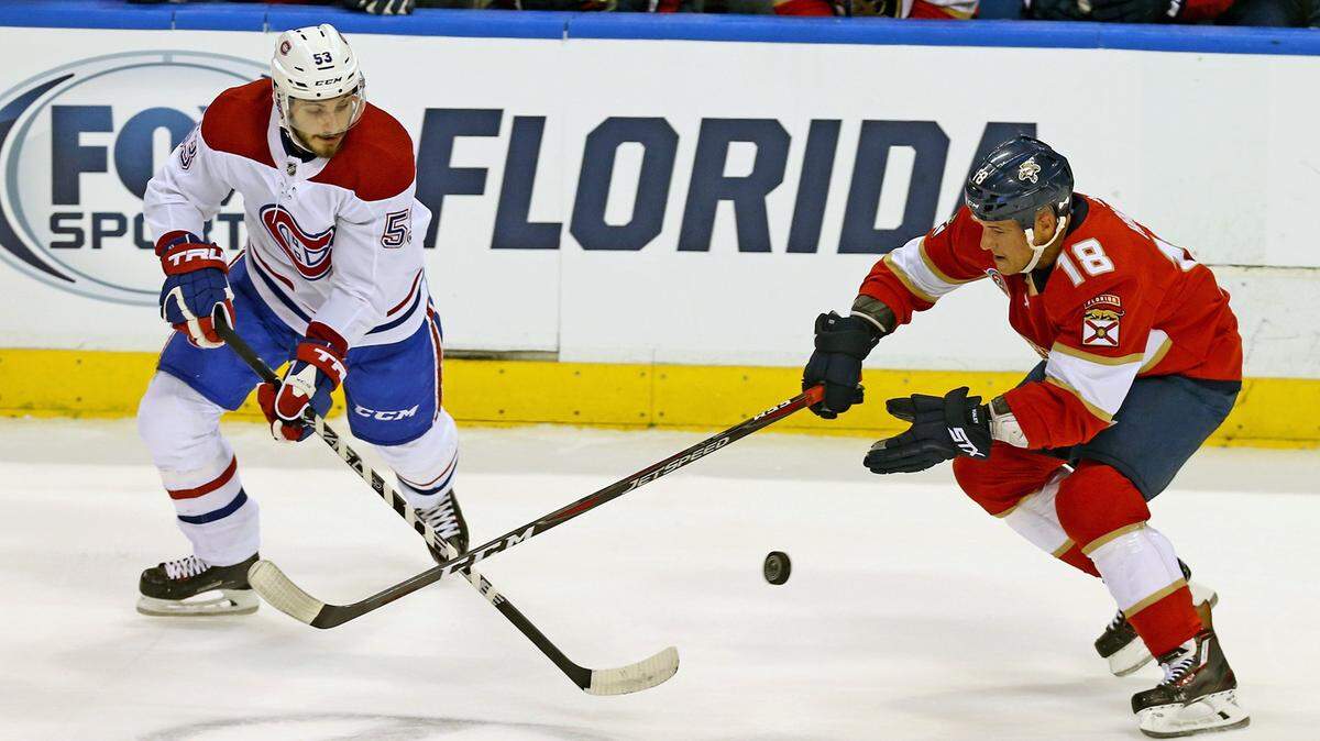 Florida Panthers Michael Haley (18) and Montreal Canadiens Victor Mete (53) in the first period Friday, Dec. 28, 2018, at the B&T Center in Sunrise, Fla.
