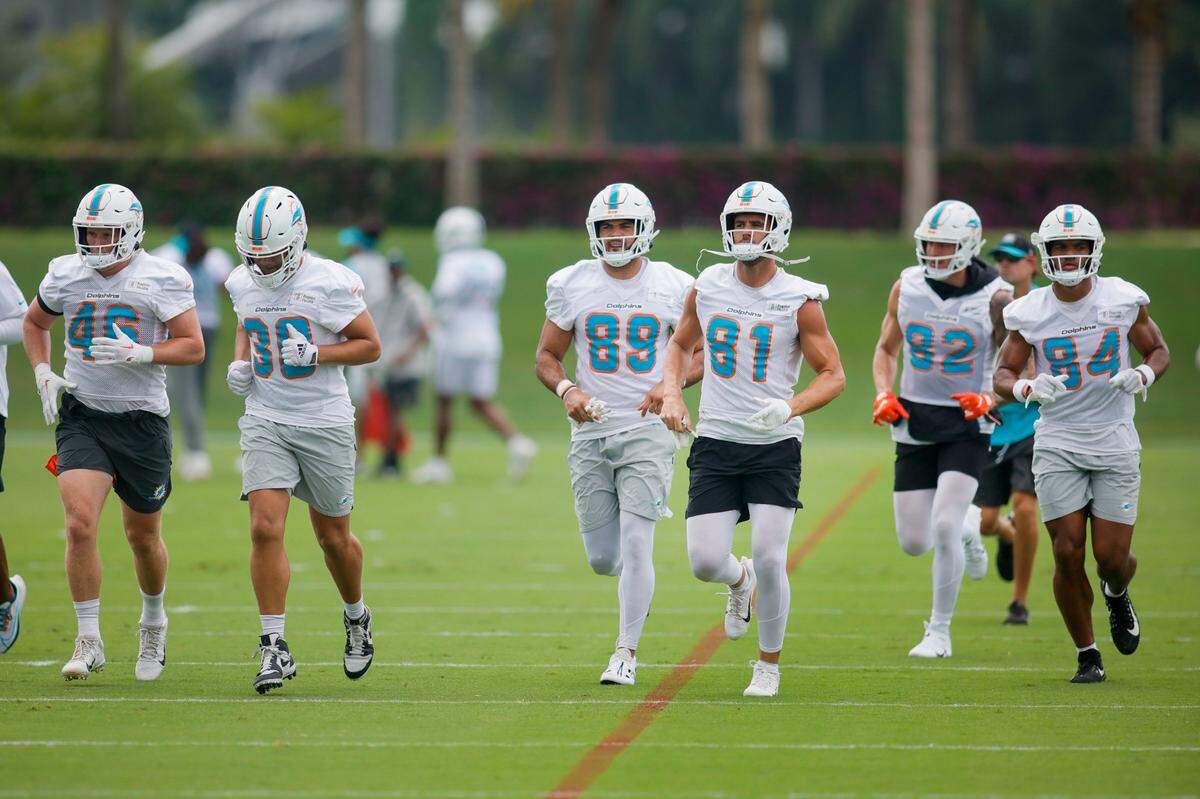 from left: Miami Dolphins fullback John Lovett (46), fullback Alec Ingold (30), tight end Julian Hill (89), tight end Durham Smythe (81), and tight end Elijah Higgins (84) run on the field during mandatory minicamp at the Baptist Health Training Complex in Miami Gardens, Florida on Wednesday, June 7, 2023.