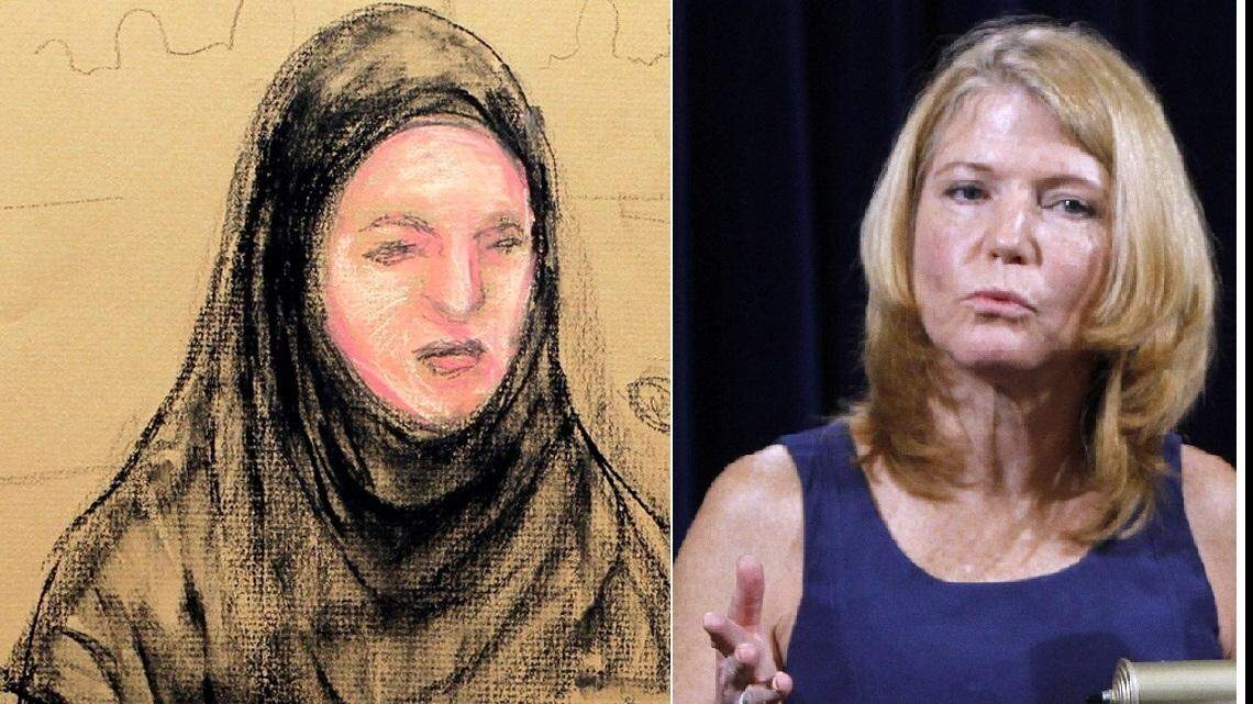 At left, Pentagon-paid defense lawyer Cheryl Bormann wore a traditional abaya favored by some devout Muslim women to the war court arraignment of the alleged Sept 11 conspirators on May 5, 2012. A day later, she addressed reporters at the U.S. Navy base at Guantanamo Bay, Cuba.