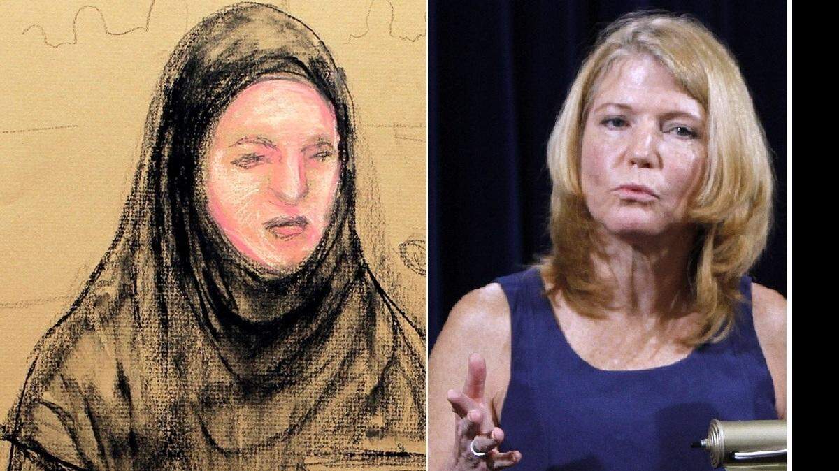 At left, Pentagon-paid defense lawyer Cheryl Bormann wore a traditional abaya favored by some devout Muslim women to the war court arraignment of the alleged Sept 11 conspirators on May 5, 2012. A day later, she addressed reporters at the U.S. Navy base at Guantanamo Bay, Cuba.