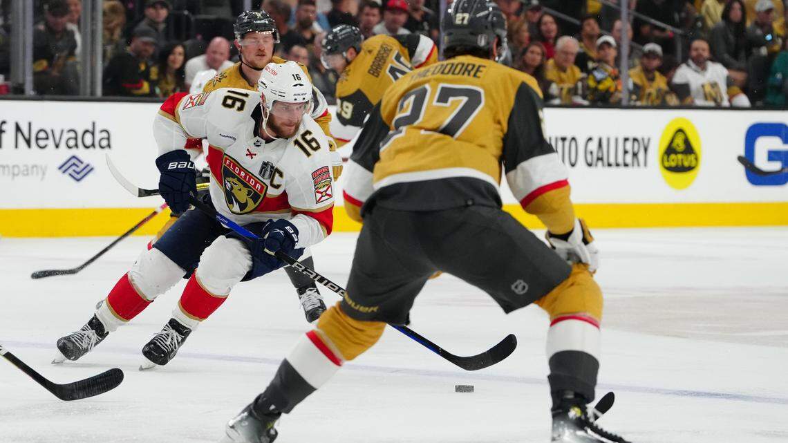 Jun 3, 2023; Las Vegas, Nevada, USA; Florida Panthers center Aleksander Barkov (16) controls the puck against the Vegas Golden Knights during the third period in game one of the 2023 Stanley Cup Final at T-Mobile Arena. Mandatory Credit: Stephen R. Sylvanie-USA TODAY Sports