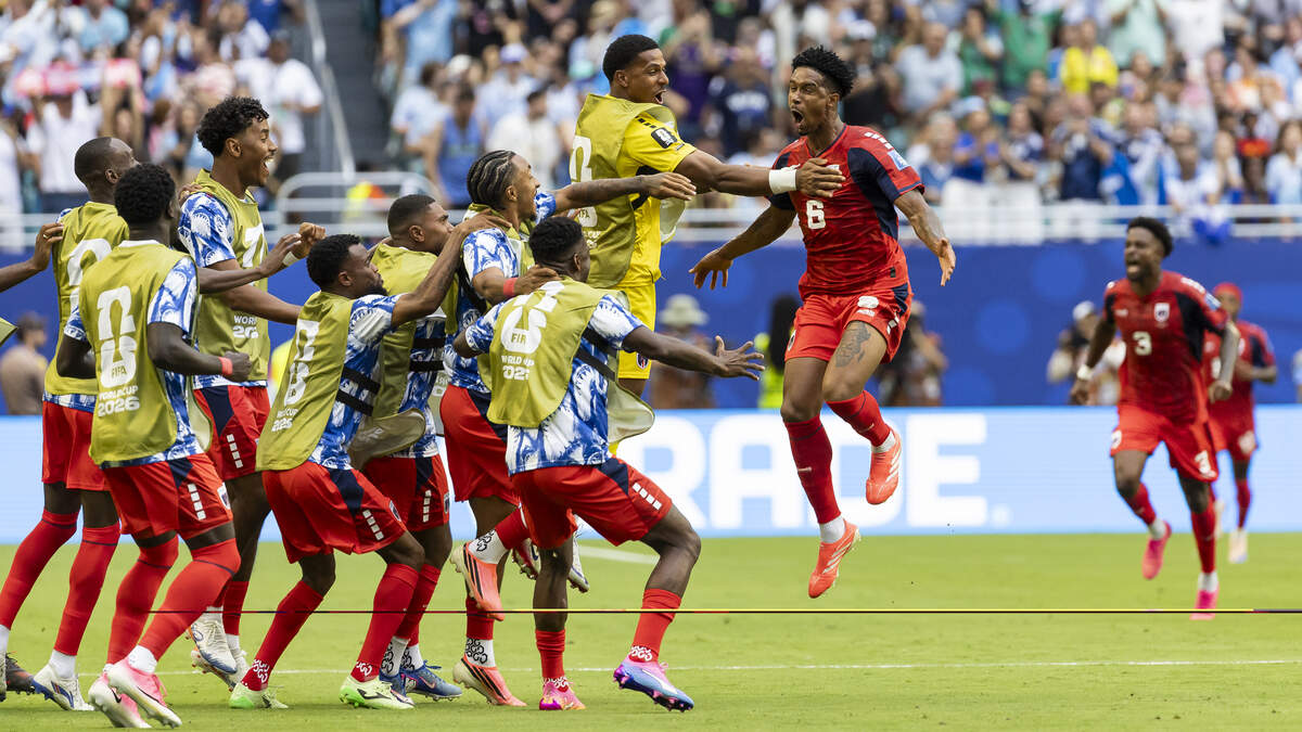 Cape Verde midfielder Kevin Pina (6) celebrates after scoring a free kick goal against Uruguay in the first half of their World Cup Group H soccer match at Miami Stadium on Sunday, June 21, 2026, in Miami Gardens, Fla.