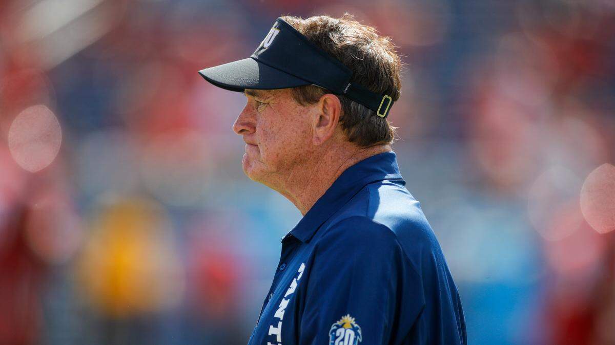 Florida International University head coach Butch Davis takes on the field prior the first quarter of game against Florida Atlantic Owls during the the Shula Bowl game at FAU Stadium in Boca Raton, Florida on Saturday, October 2, 2021.