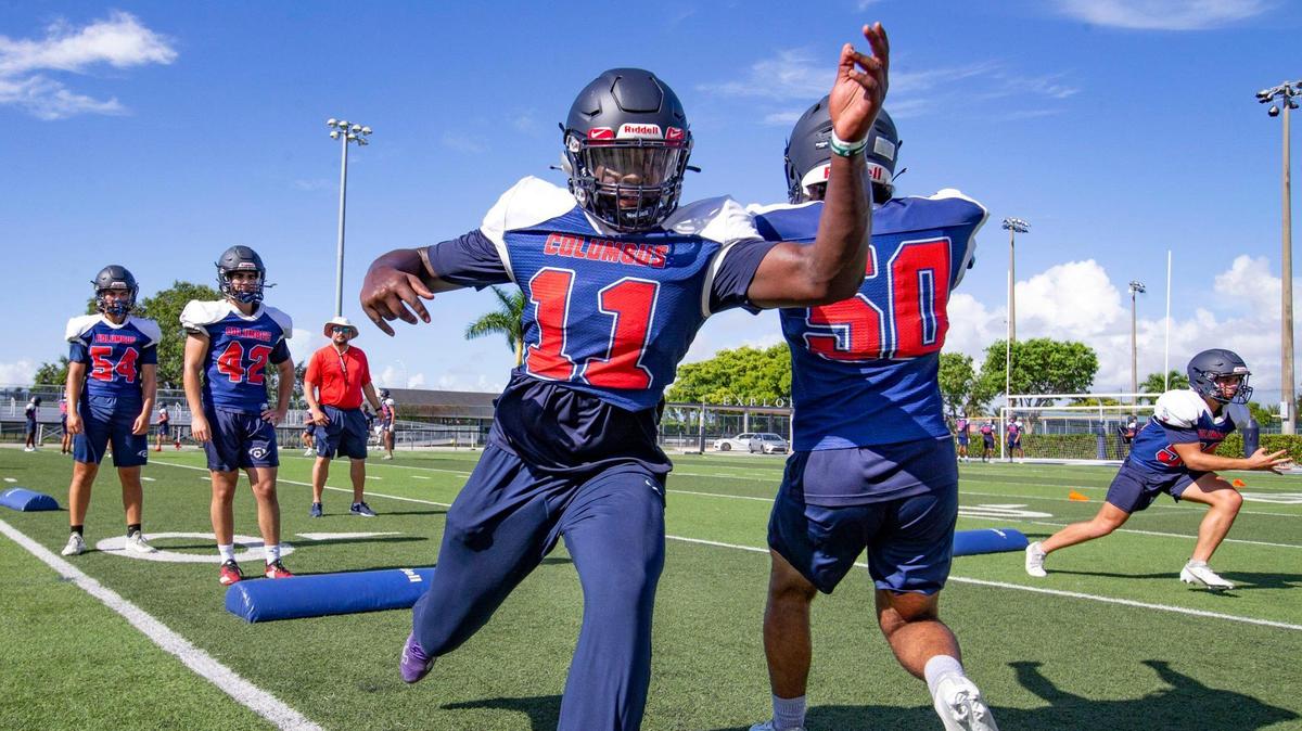 Christopher Columbus High School’s linebacker TJ Capers (11) runs through practice drills on Thursday, August 4, 2022. Capers is one of the top-rated Class of 2024 prospects in the nation.