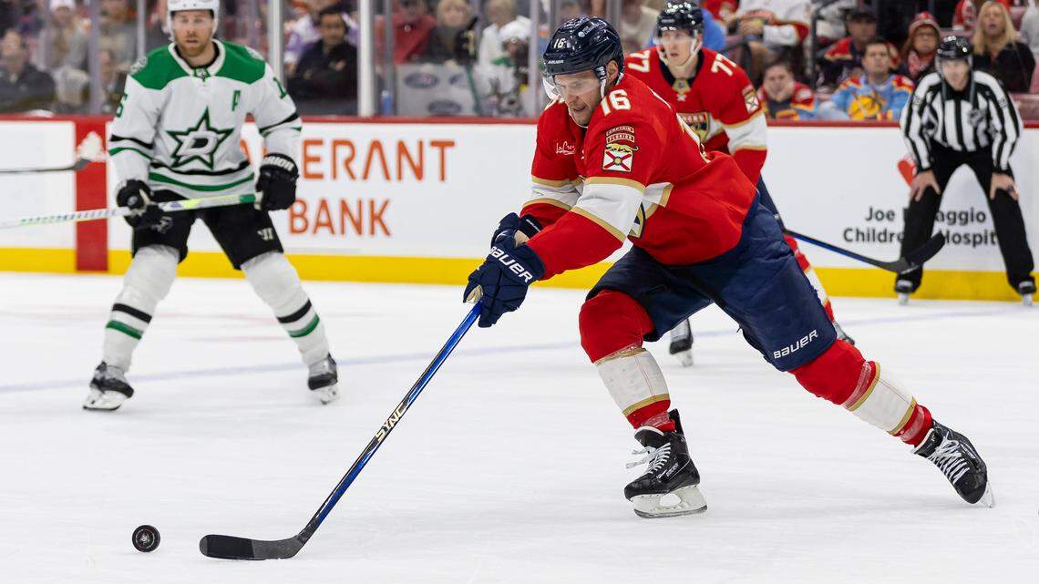Florida Panthers center Aleksander Barkov (16) skates with the puck in the first period of his NHL game against the Dallas Stars at the Amerant Bank Arena on Wednesday, Dec. 6, 2023, in Sunrise, Fla.