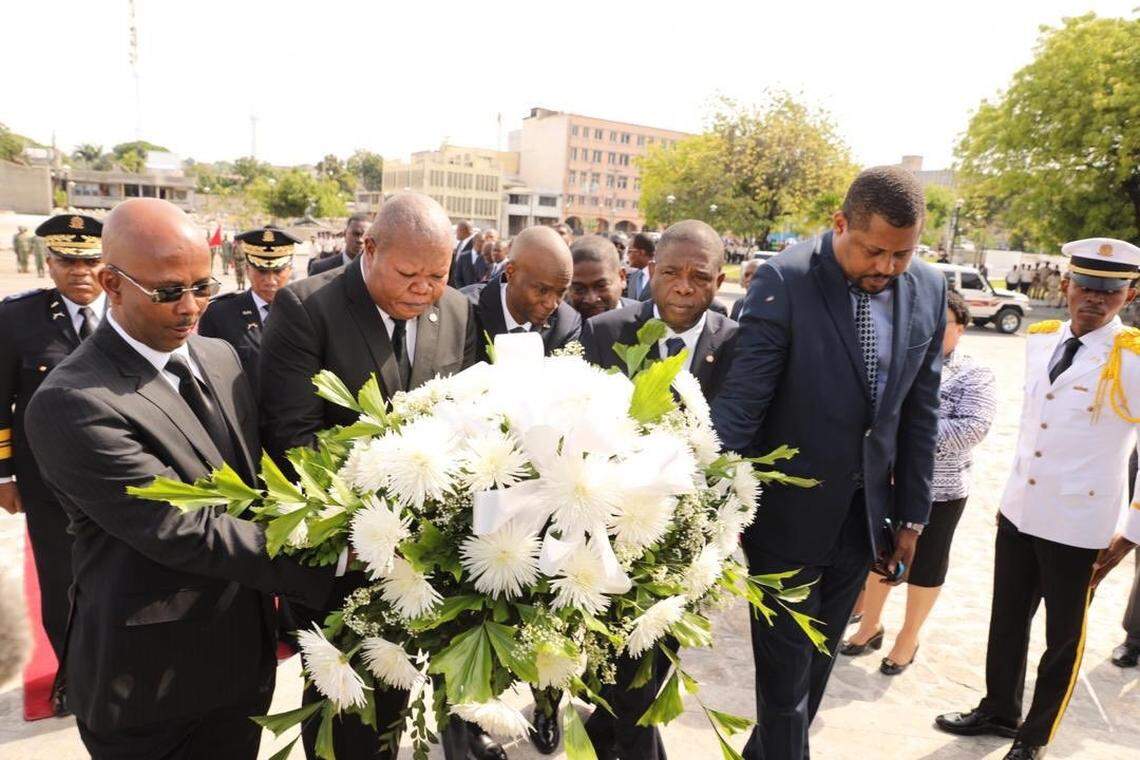 Haiti President Jovenel Moise (third from right) joins the presidents of the Senate and lower chamber and his newly designated prime minister, Jean Michel Lapin (far left), to lay a wreath to commemorate the 216th anniversary of the death of founding father, Toussaint Louverture, on April 7, 1803.