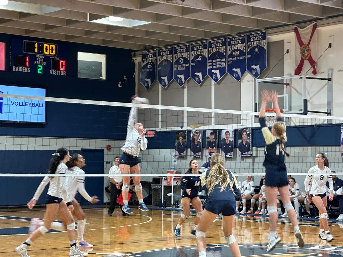 Gulliver outside hitter Hailey Brenner spikes the ball during Friday’s Region 4-4A semifinal against Fort Lauderdale Calvary Christian at the Raiders’ home gym.