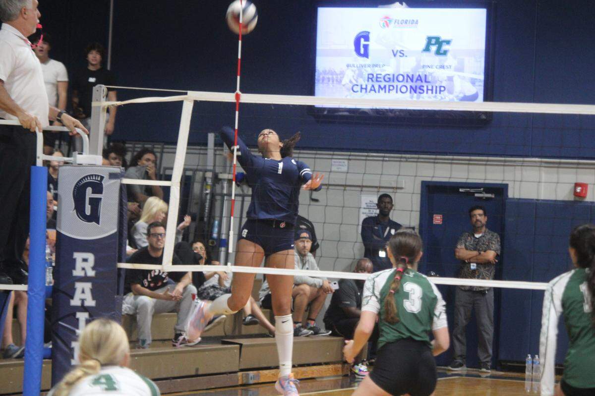 Gulliver’s Jackie Taylor goes up high to record one of her 20 kills on the evening as she helped the Raiders beat Pine Crest in the Region 4-4A final on Tuesday to secure their first ever trip to the state final four.
