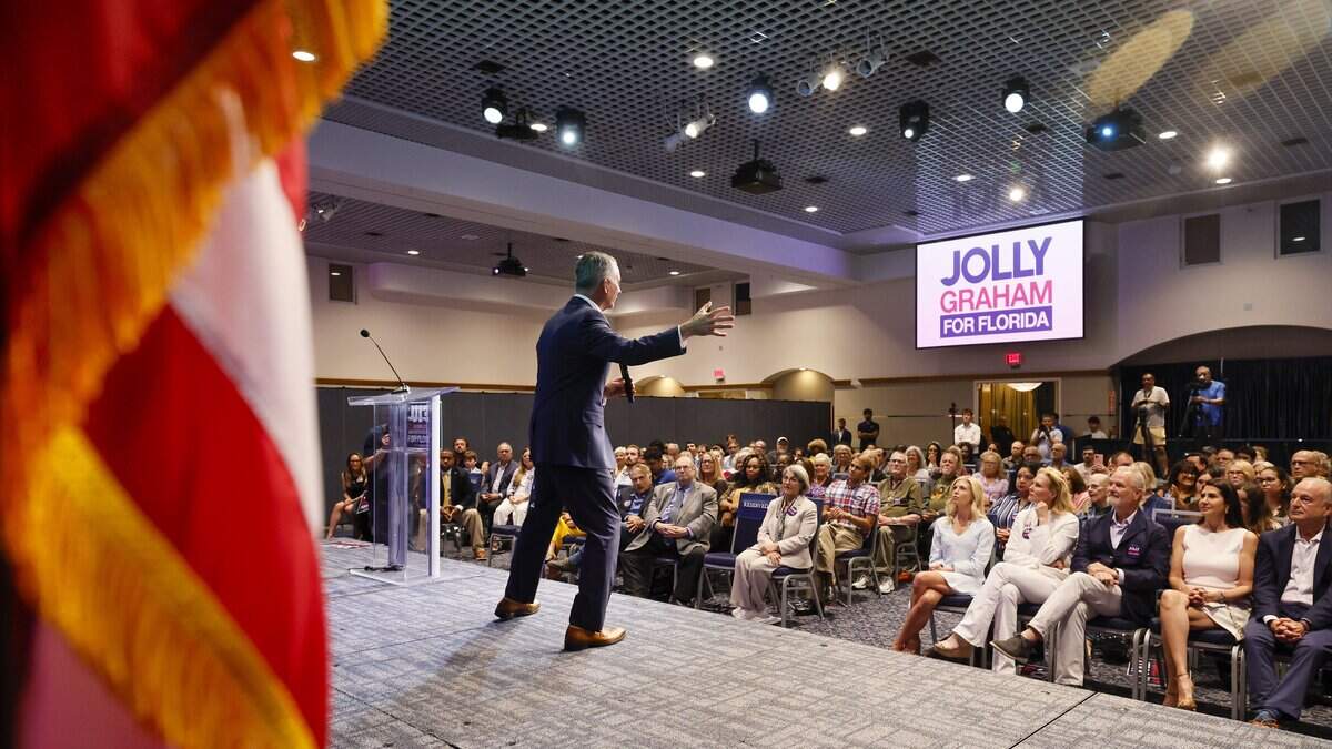 Democratic nominee for Florida governor, David Jolly, speaks during a campaign rally at Florida International University Graham Center Ballroom in Miami Jun. 11, 2026.