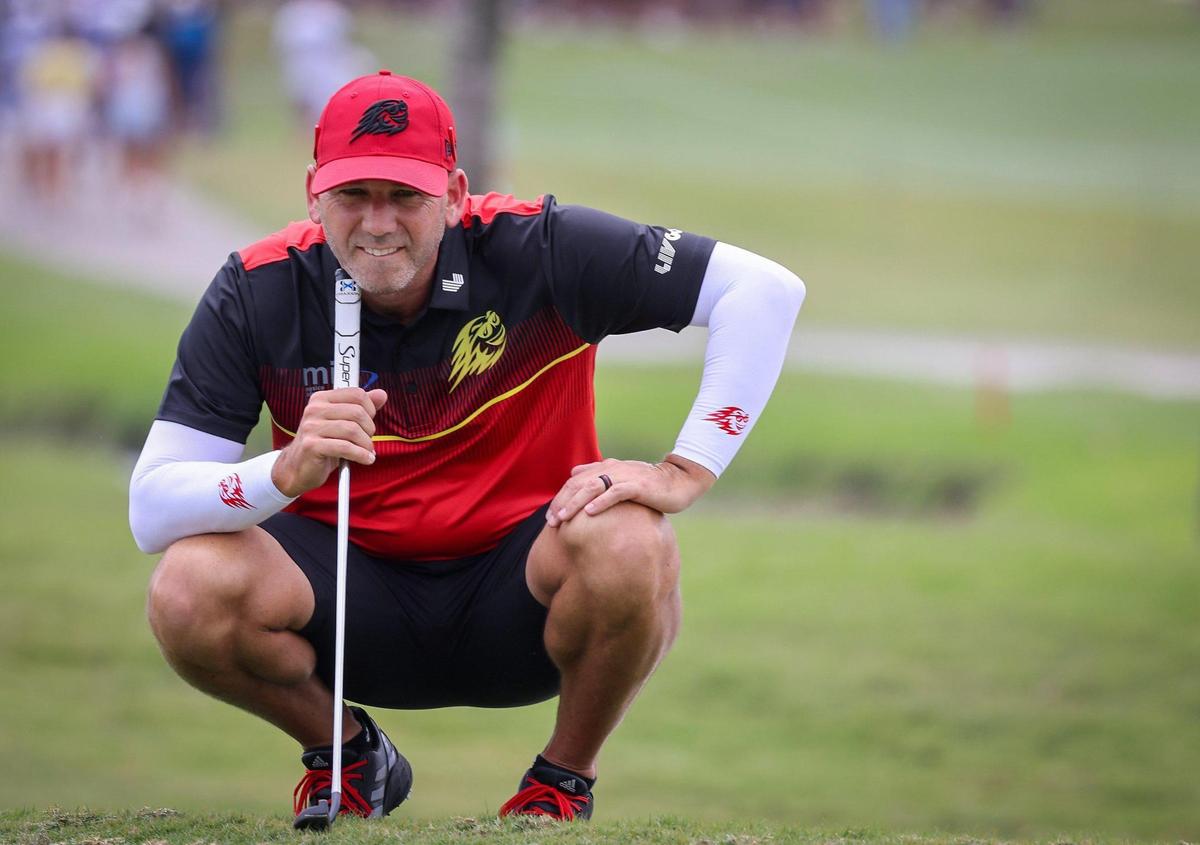 Sergio Garcia lines up his putt as he competes to keep the lead while playing with Matthew Wolff, and Taylor Gooch at the LIV Golf Miami at the Trump National Doral on Sunday, April 7, 2024 in Doral, Florida.