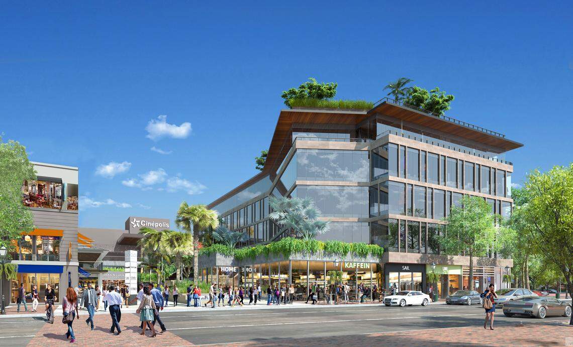 A new office building and public plaza will replace the north wing and central pavilion at the CocoWalk mall in Coconut Grove. The rest of the Mediterranean-style open-air mall is being refaced in a modern look.