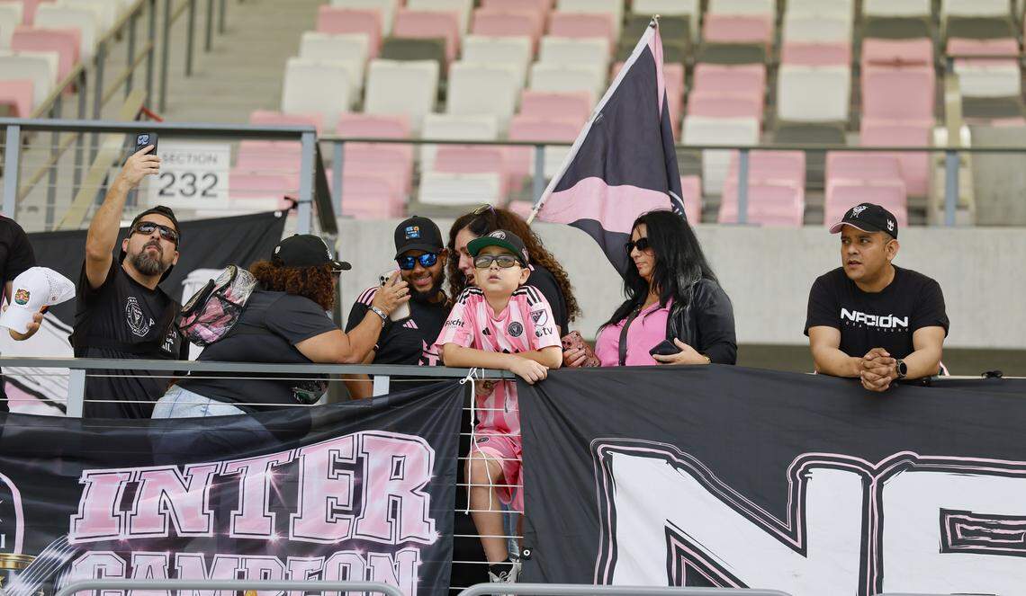 Inter Miami CF fans watch the team practice from the stands at Nu Stadium at Miami Freedom Park on Thursday, April 2, 2026, in Miami.