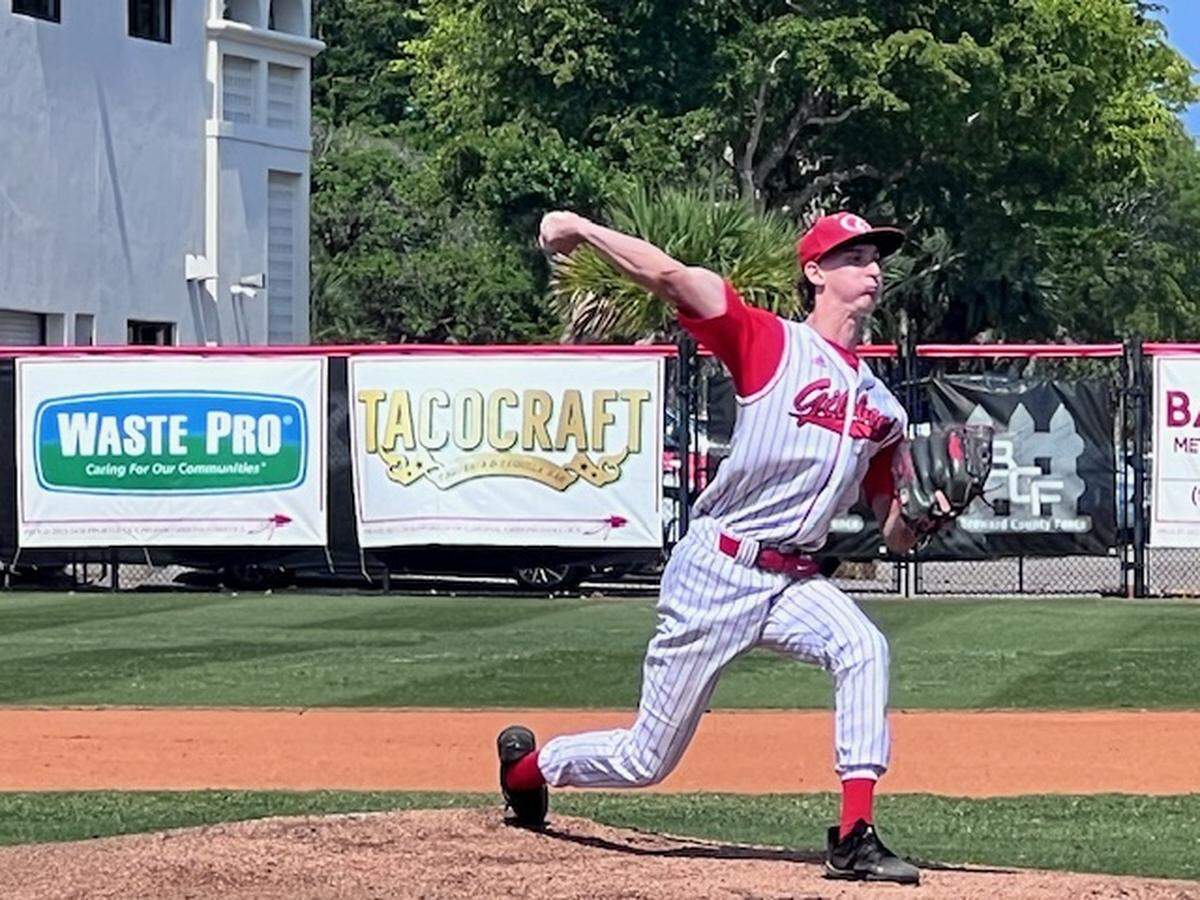 Cardinal Gibbons starting pitcher Michael Kass throws a pitch during Tuesday’s Region 4-4A final win over Mater Lakes at Cardinal Gibbons.