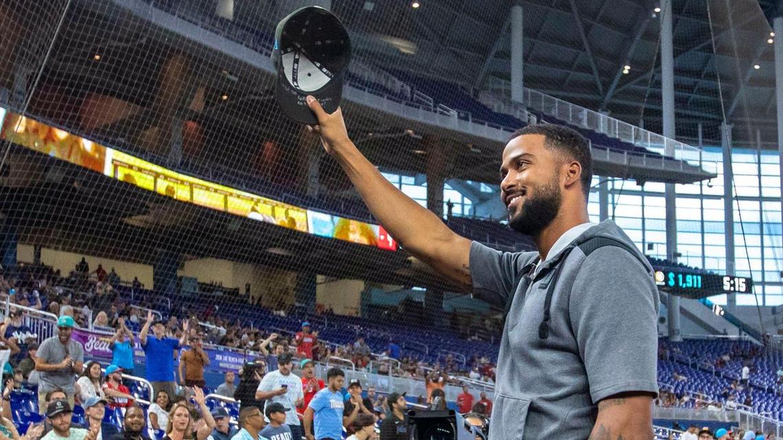 Miami Marlins pitcher Sandy Alcantara (22) reacts to fans and a video tribute during the final MLB game of the season at loanDepot park in the Little Havana neighborhood of Miami, Florida, on Wednesday, October 5, 2022.
