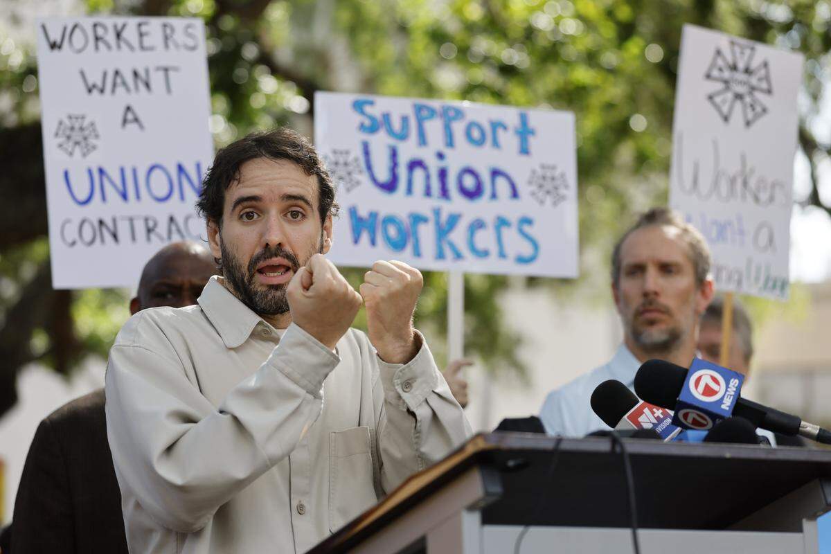 Thomas Kennedy, Policy Analyst for the Florida Immigration Coalition speaks during a press conference outside Miami-Dade Government Center on Miami, Florida, on Tuesday, April 14, 2026.  Thirty South Florida Labor and Community Organizations are demanding accountability from FIFA and the Miami-Dade Host Committee ahead of the World Cup, 