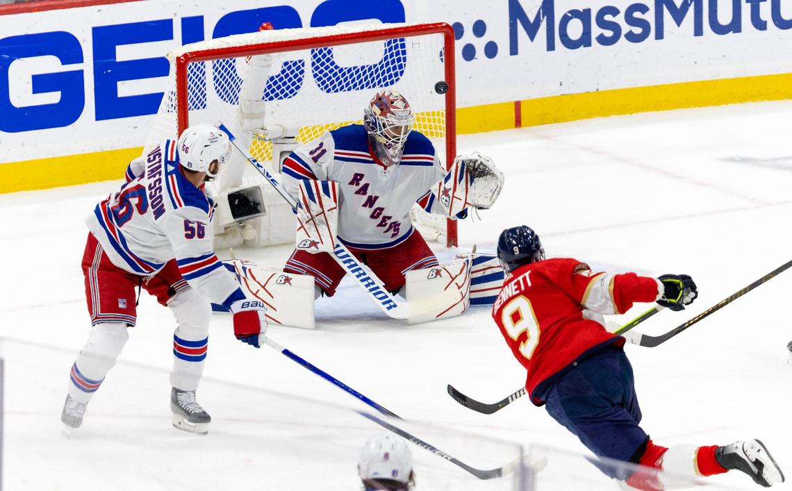 Florida Panthers center Sam Bennett (9) shoots the puck past New York Rangers goaltender Igor Shesterkin (31) for a goal during the first period of Game 6 during the Eastern Conference finals of the NHL hockey Stanley Cup playoffs at the Amerant Bank Arena on Saturday, June 1, 2024, in Sunrise, Fla.
