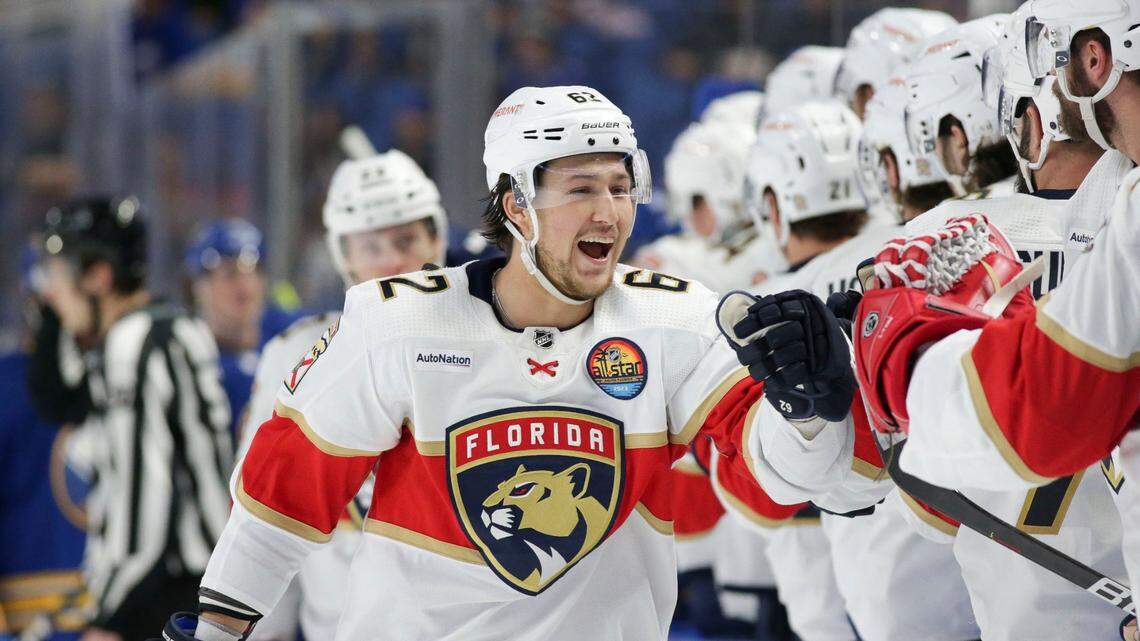 Florida Panthers defenseman Brandon Montour celebrates with teammates after scoring a goal during the first period of an NHL hockey game against the Buffalo Sabres on Monday, Jan. 16, 2023, in Buffalo, N.Y.