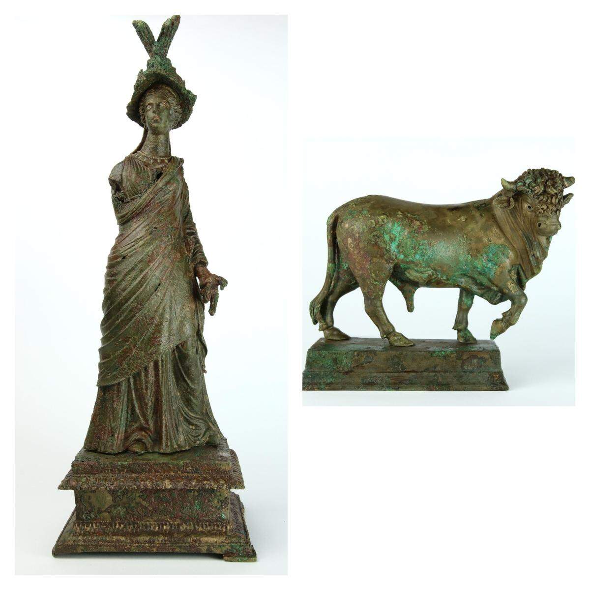 The statue of an unidentified goddess raises more questions than answers, and a bronze bull has expressive silver eyes, researchers said.