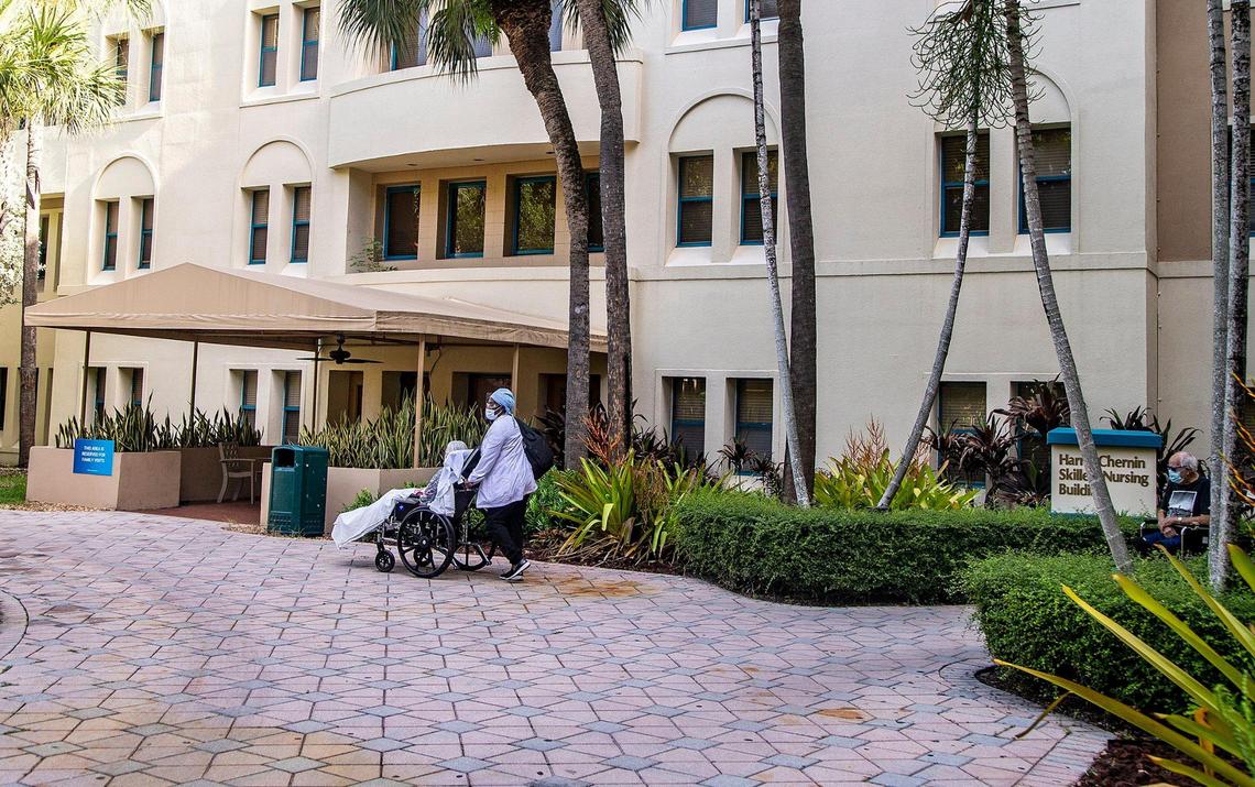The Harry Chernin skilled nursing facility at Miami Jewish Health has limited visitors as the more contagious delta variant of the virus that causes COVID-19 has fueled a summer resurgence of the pandemic. All visitors undergo a temperature screening and must wear face masks while on the campus.