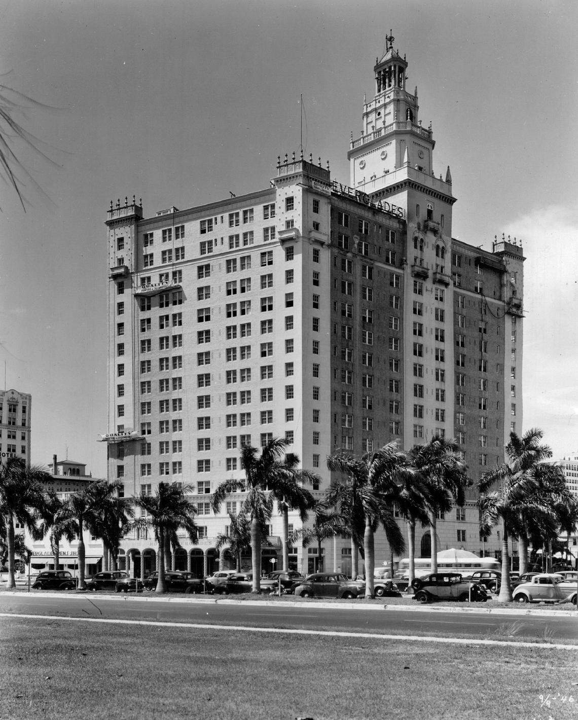 The Everglades, overlooking Bayfront Park, is shown above in the process of having its entire exterior refinished in preparation for it re-opening in an undated photo. The new exterior color was pale green.