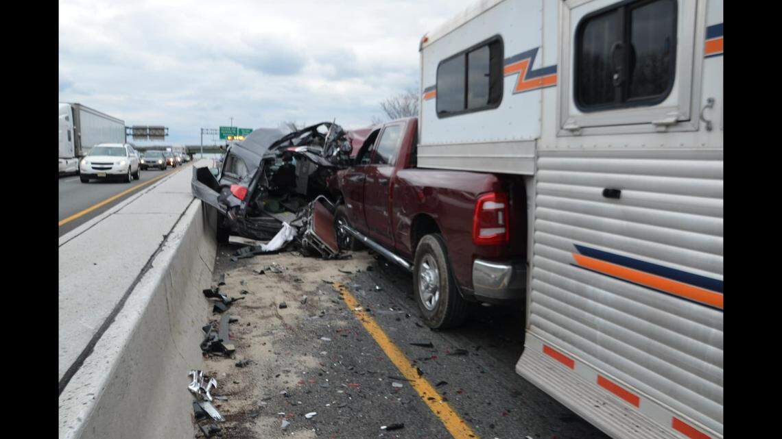 A March 25 car crash in northern New Jersey saw a corpse ejected from a vehicle into the road — and a horse leaping into traffic.