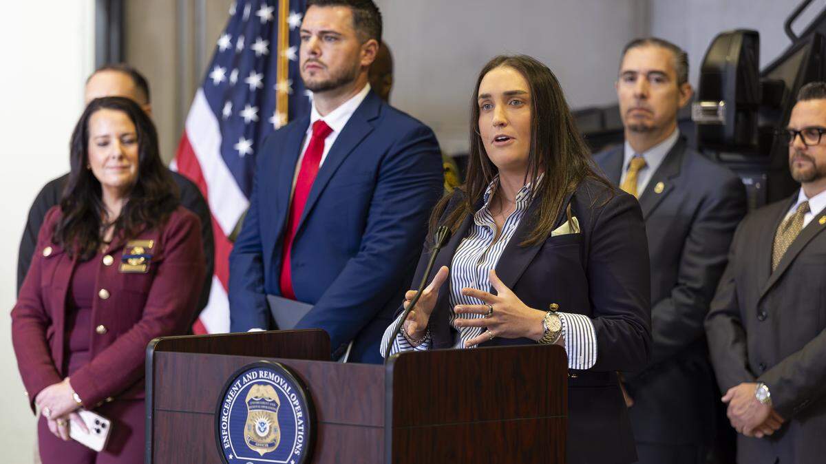 U.S. Immigration and Customs Enforcement Deputy Director Madison Sheahan speaks during a press conference to discuss Operation Criminal Return at the South Florida office of U.S. Immigration and Customs Enforcement and Enforcement and Removal Operations on Thursday, Nov. 13, 2025, in Miramar, Fla.