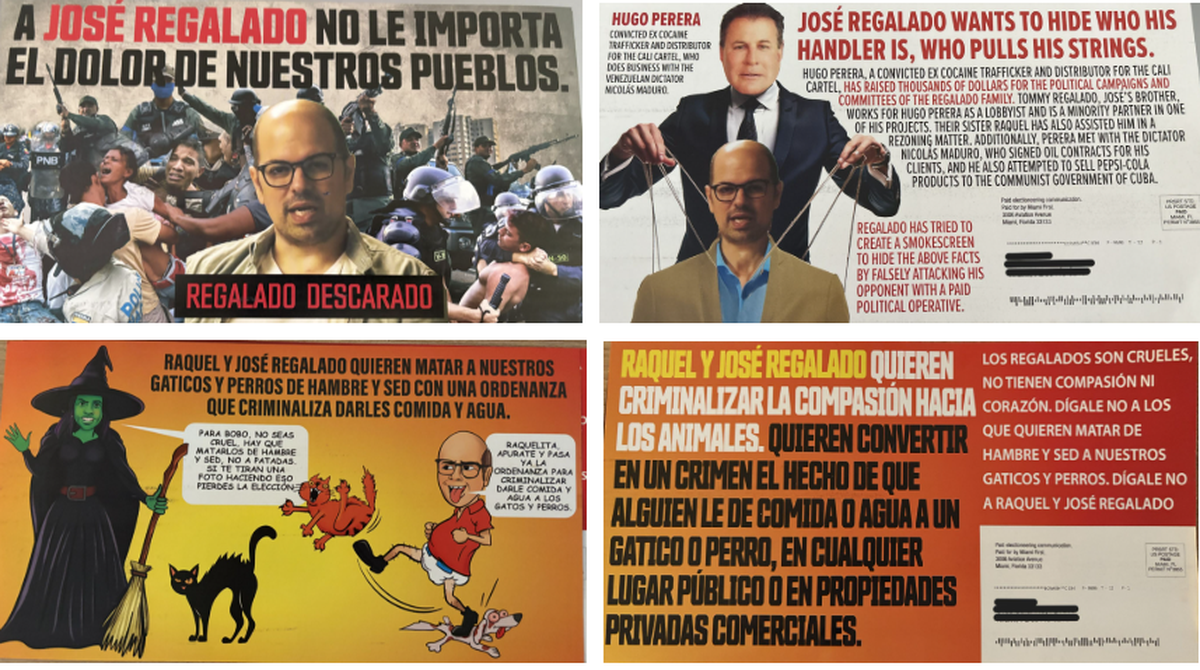 A sampling of anti-Regalado attack mailers paid for by Joe Carollo’s political committee, Miami First.