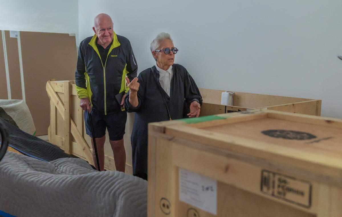Mera and Don Rubell check crates containing art pieces that will be part of a show opening in December ahead of Art Basel, at their Rubell Museum that is now a museum and a non-profit foundation. Their private art collection is an important one that has defined the Miami art scene for many years, on Friday November 07, 2025.