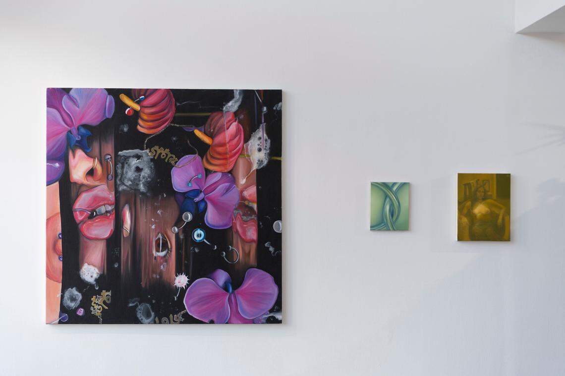 Artwork by artists Kelly Shami, Alejandra Moros and Emiliana Henriquez on display at Oolite Arts for the group show “Bounce.”