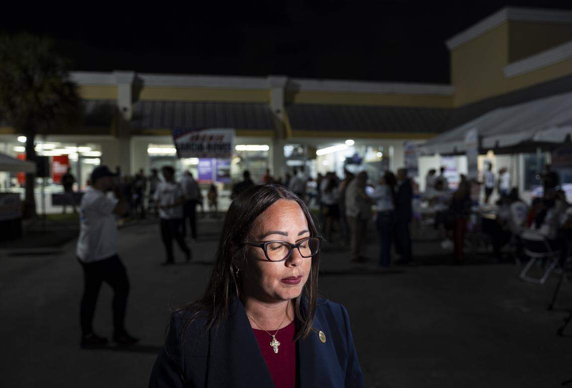 Interim Mayor Jackie Garcia-Roves speaks with the media at her election night party at her campaign headquarters after losing the Hialeah mayoral race to Bryan Calvo on Tuesday, Nov. 4, 2025, in Hialeah, Fla.